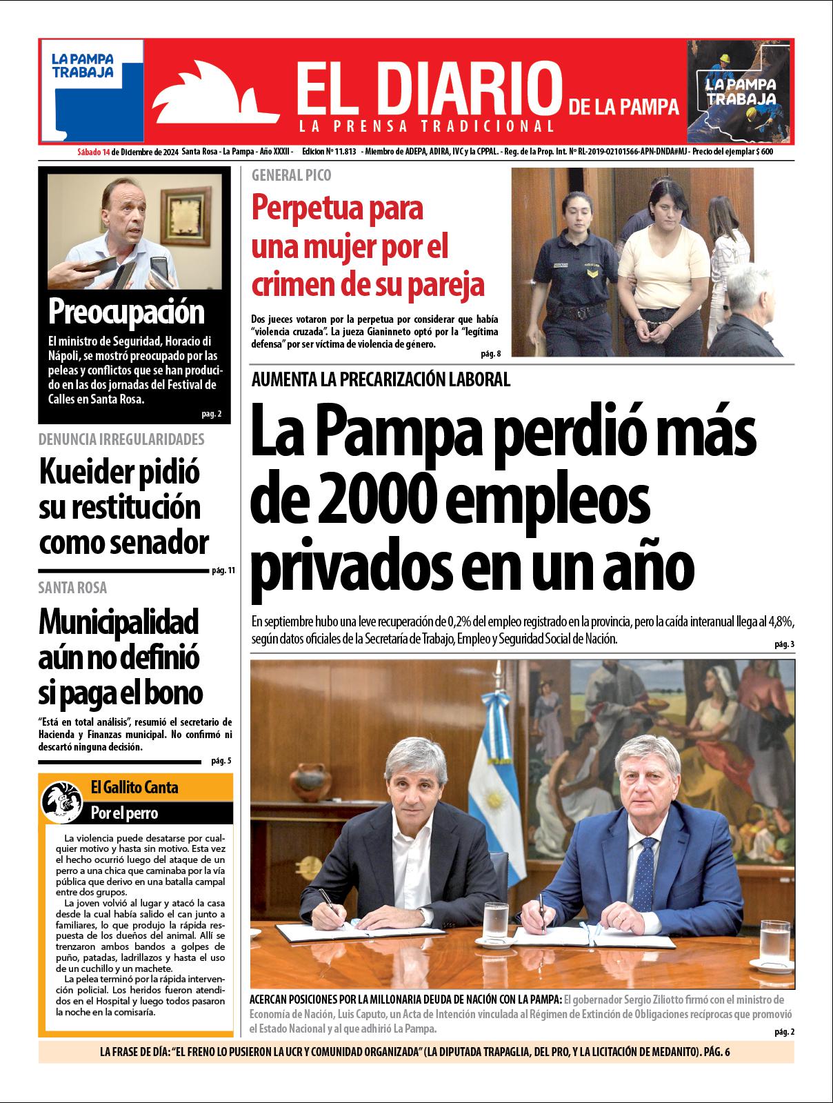 Tapa de El Diario en papel  saacutebado 14 de diciembre de 2024